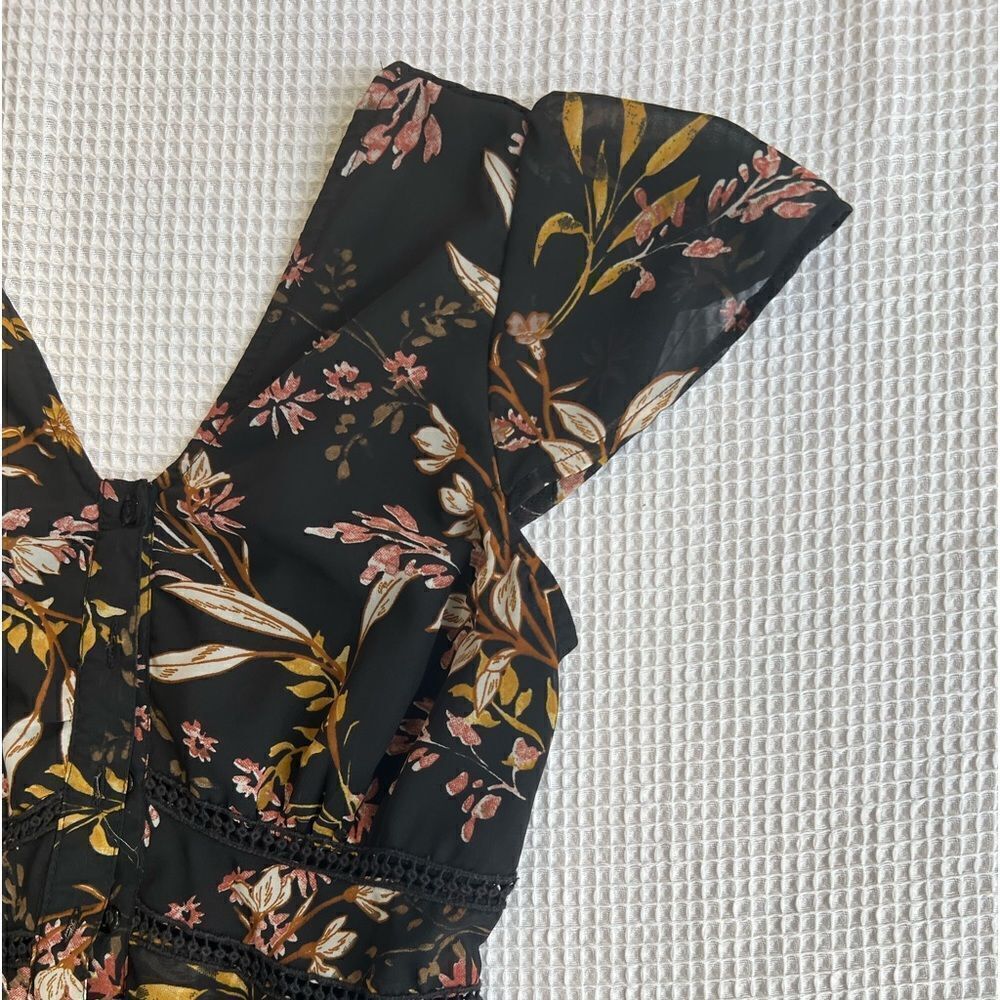 Japna Black Floral Midi Boho Cottagecore Flutter Sleeve Romantic Flowy Dress S - Picture 7 of 11